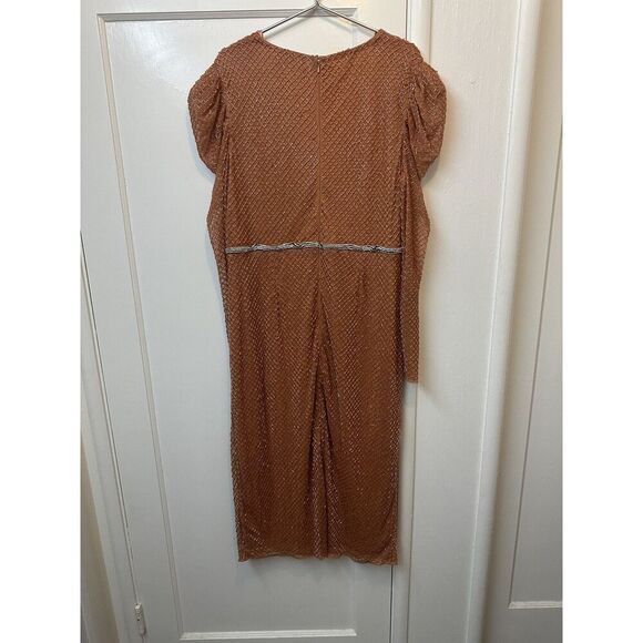 Mac Duggal 93674 Copper Cocktail Beaded Dress Sz 16 MIDI Puff Sleeves NWTs $598 - Picture 7 of 9